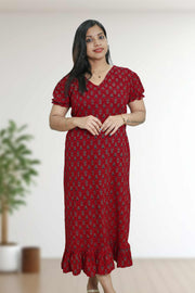 Ajarak Print Cotton Night Dress – V Neck & Puff Sleeve