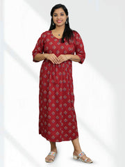 Cotton Printed 3/4 Sleeves Women's Feeding Nighty with Concealed Zipper