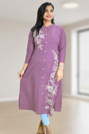Floral Thread Collar-Neck Straight Kurta For Women