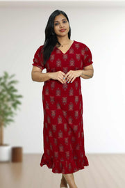 Ajarak Print Cotton Night Dress – V Neck & Puff Sleeve