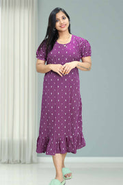 Cotton Night Dress with Print & Puff Sleeves