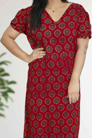 Ajarak Print Cotton Night Dress – V Neck & Puff Sleeve