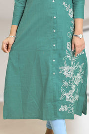Floral Thread Collar-Neck Straight Kurta For Women
