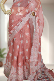 Linen Saree with Batik Design & Tassel Finish
