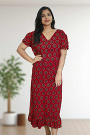 Ajarak Print Cotton Night Dress – V Neck & Puff Sleeve