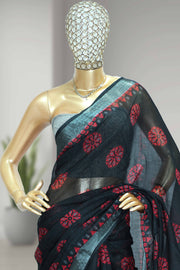 Linen Saree with Batik Design & Tassel Finish
