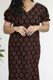 Ajarak Print Cotton Night Dress – V Neck & Puff Sleeve