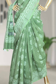Linen Saree with Batik Design & Tassel Finish