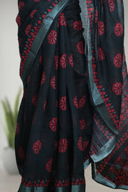 Linen Saree with Batik Design & Tassel Finish