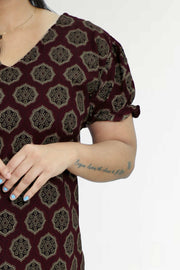 Ajarak Print Cotton Night Dress – V Neck & Puff Sleeve