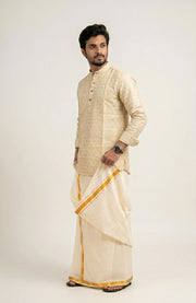 Paul Berg Men’s Short Kurta – Golden Print Work