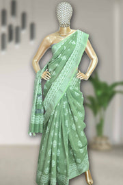 Linen Saree with Batik Design & Tassel Finish