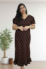 Ajarak Print Cotton Night Dress – V Neck & Puff Sleeve