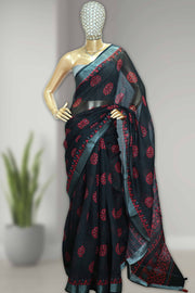 Linen Saree with Batik Design & Tassel Finish