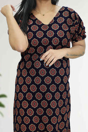Ajarak Print Cotton Night Dress – V Neck & Puff Sleeve