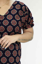 Ajarak Print Cotton Night Dress – V Neck & Puff Sleeve