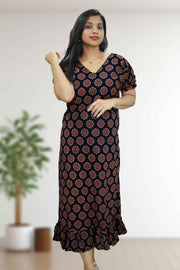 Ajarak Print Cotton Night Dress – V Neck & Puff Sleeve