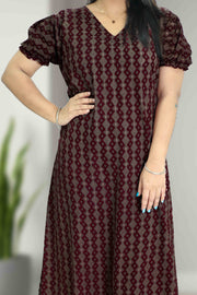 Ajarak Print Cotton Night Dress – V Neck & Puff Sleeve