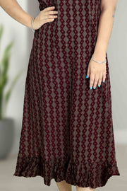 Ajarak Print Cotton Night Dress – V Neck & Puff Sleeve