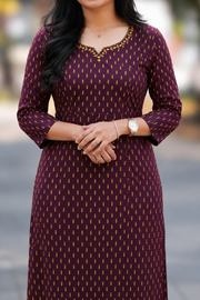 Women's  Gold Foil Print A-Line Kurti with Embroidered Neck