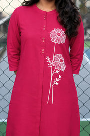 Women's  A-Line Cotton Kurti with Minimalist Floral Embroidery