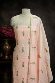 Floral Embroidered Silk Unstitched Churidar Material Set with Scalloped Dupatta