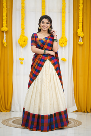 Madrasi Check Banarasi Silk Dhavani Set