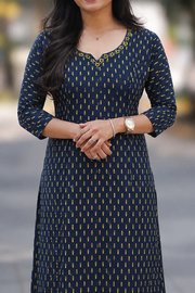 Women's  Gold Foil Print A-Line Kurti with Embroidered Neck