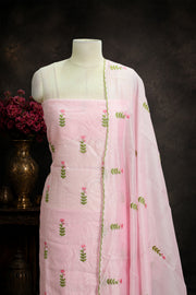 Floral Embroidered Silk Unstitched Churidar Material Set with Scalloped Dupatta