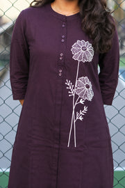 Women's  A-Line Cotton Kurti with Minimalist Floral Embroidery