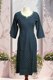 Women's  Gold Foil Print A-Line Kurti with Embroidered Neck