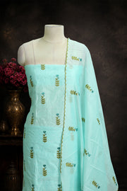 Floral Embroidered Silk Unstitched Churidar Material Set with Scalloped Dupatta