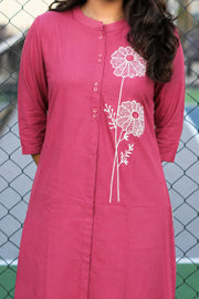 Women's  A-Line Cotton Kurti with Minimalist Floral Embroidery