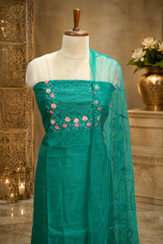 Silk Churidar Material –  Floral Thread & Sequins Work