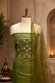 Silk Churidar Material –  Floral Thread & Sequins Work