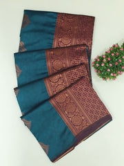 Radiant PEACOCK BLUE & WINE Elegance: Soft Silk Saree with Bhutta and Embossed Body Design - Golden Touch | Only ₹279