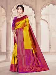 Gorgeous Art Silk Wedding Saree in Elegant Mustard yellow & Violet - Exclusive Fancy Collection at ₹795!