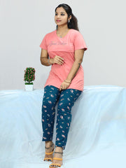 Maternity & Feeding Pure Cotton Night Suit for Women, featuring a Peach Color T-shirt paired with Peacock Blue Color Pants.