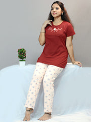 Maternity & Feeding Loop knit Night Suit for Women, featuring a Red Color T-shirt paired with Beach Color Pants.
