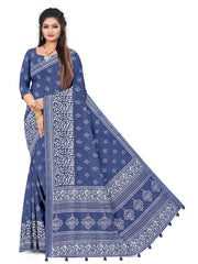 Ethnic Motifs Pure Cotton Block Print Indigo Synthetic Saree - ₹649